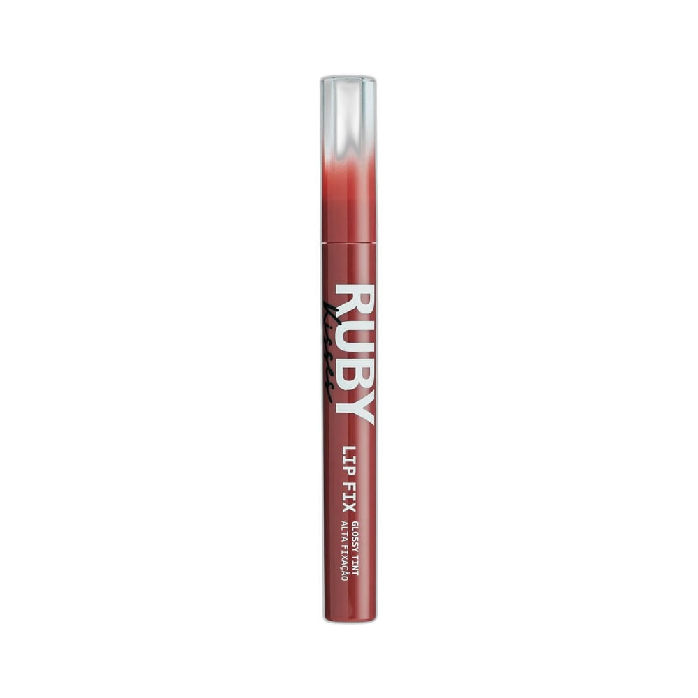 Batom líquido Lip Fix Ruby Kisses Glossy Tint Sweet Brown com aplicador transparente destacado.